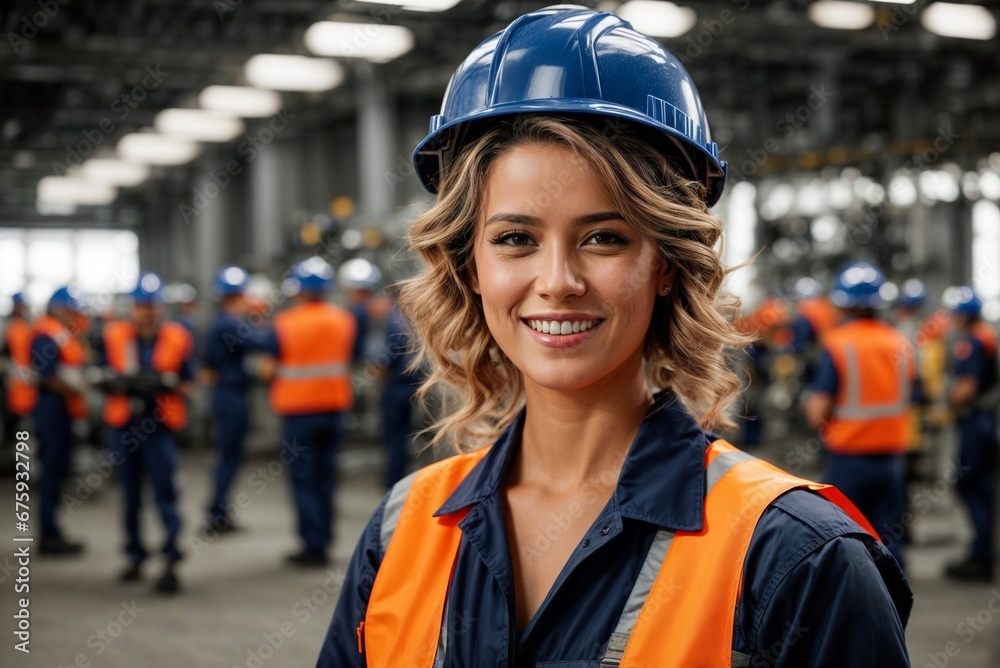 Happy young woman in workwear at the manufacturing plant
