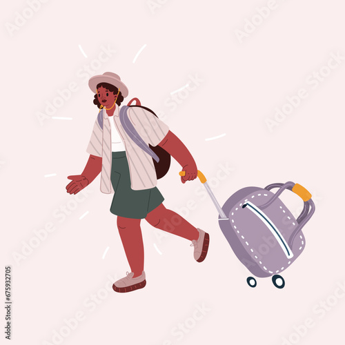 Vector illustration of afro goes on vacation and travel. At the airport with a nice big suitcase. Farewell to the homeland and loved ones. Family trip, cruise. Different countries.