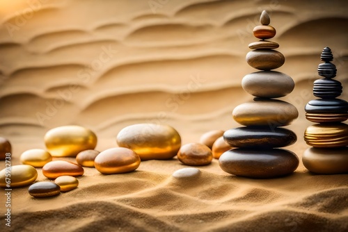 zen stones on the beach, Stacked zen stones sand background art of balance. glowing Lotus flowers and gold buddha statue