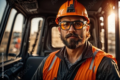 A brutal man on special equipment: An employee in a protective helmet and glasses on special equipment.