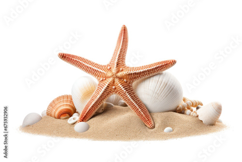 shells and starfish on sand isolated on transparent background