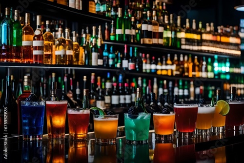 Variety of alcoholic drinks and multi colored cocktails on the reflective surface of bar counter. Blurred shelves with bottles on background