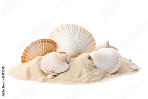 shells on sand isolated on transparent background, png file © Olha Vietrova