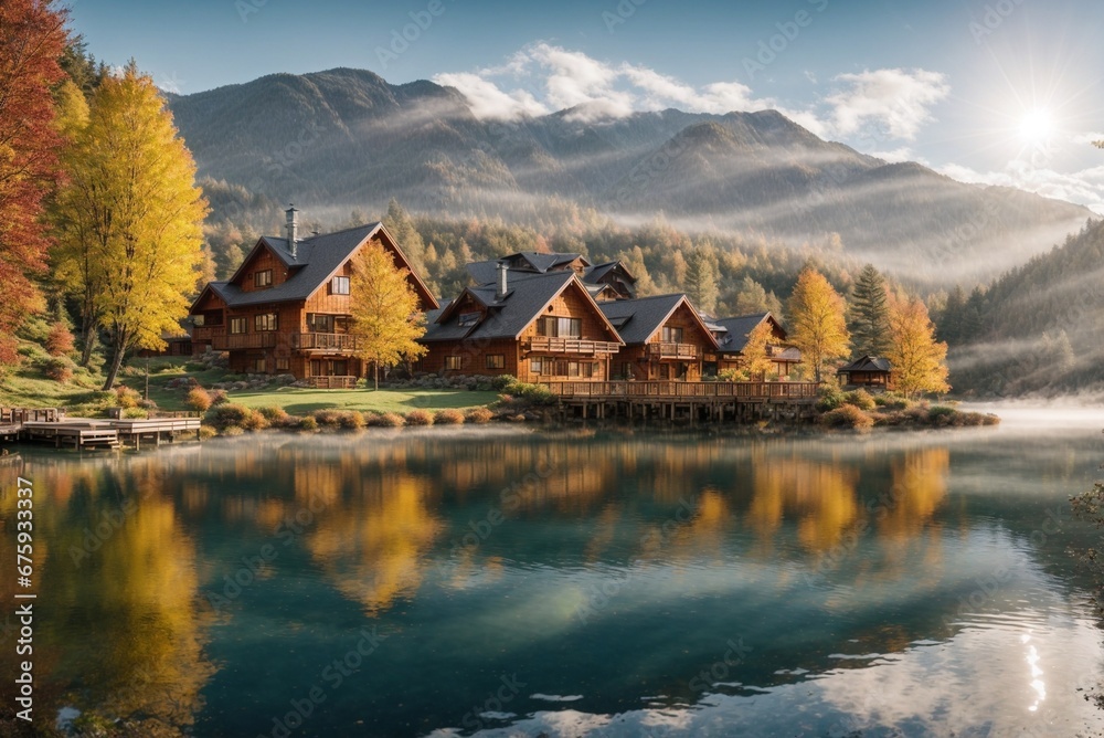 Fototapeta premium autumn landscape with lake and mountains