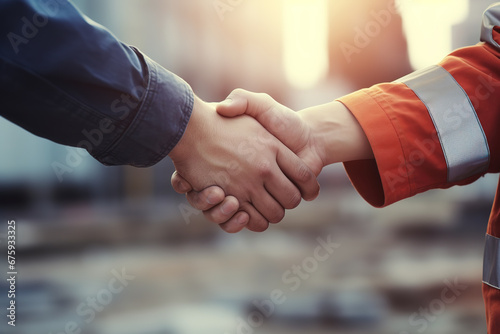 Architect and worker handshaking on construction site. building, teamwork, partnership, gesture and people concept.