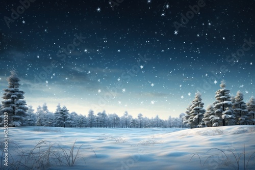 Serene snowy landscape at night with sparkling stars and frosty pine trees Winter wonderland and nature © Postproduction