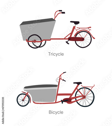 Cargo bikes with two and three wheels chart. Cartoon hand drawn flat illustration of different types of bicycles.