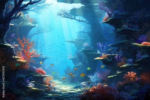Underwater paradise  vibrant coral reef bustling with colorful marine life  sunbeams piercing through tranquil waters.