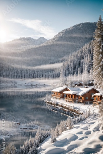 Winter Mountain Landscape by the Lake: Snowy Beauty in the Mountains above the Lake.