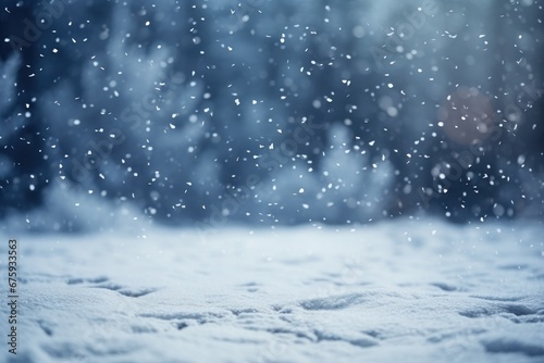 Gentle snowflakes falling on untouched snow cover, serene winter backdrop with soft focus and bokeh effect. Winter wonderland and tranquility.