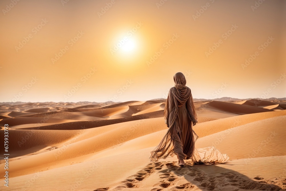 Woman in Chadra Walking on Desert Trail under the Scorching Sun