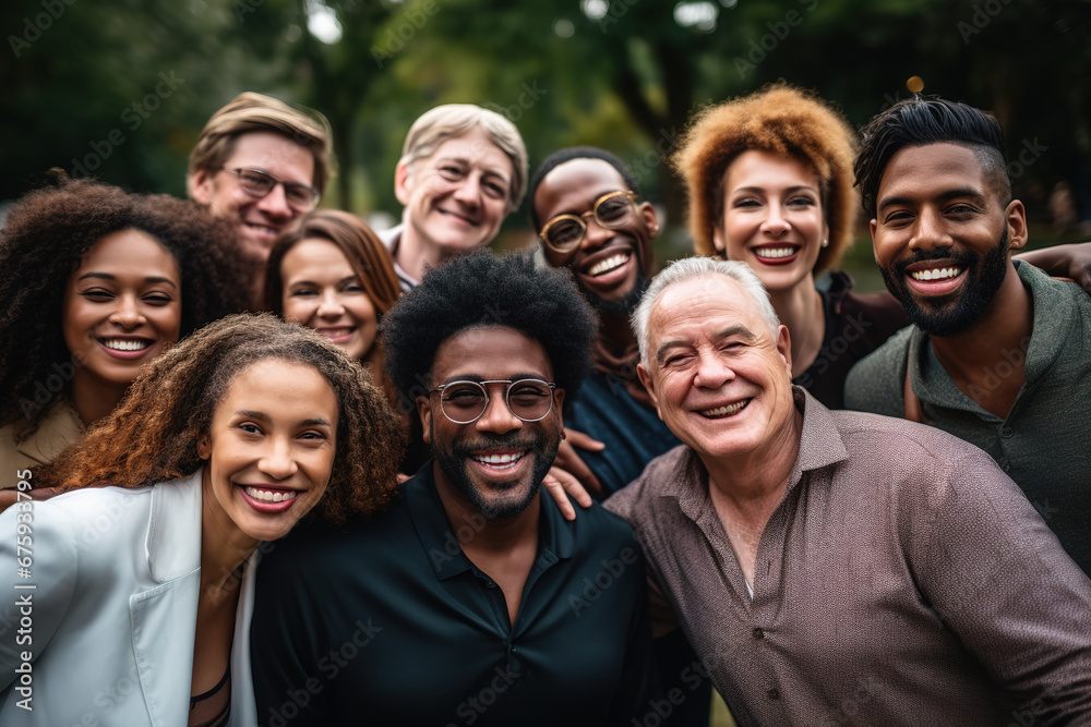 Cheerful diverse multi generation people huddling in the park. Cheerful diverse multi generation people huddling in the park.