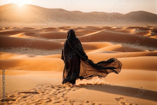 Muslim Woman in Paranja Taking a Stroll on a Sandy Desert Path under the Bright Sun. photo