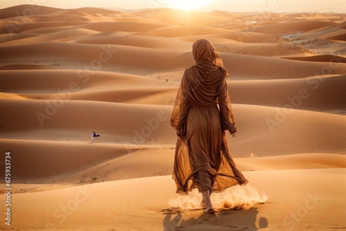 Woman in Chadra Walking on Desert Trail under the Scorching Sun