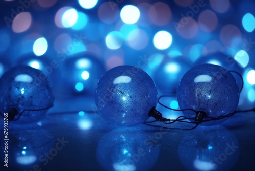Blue-toned holiday lights, close-up of spherical glittering bulbs with bokeh background for festive atmosphere.