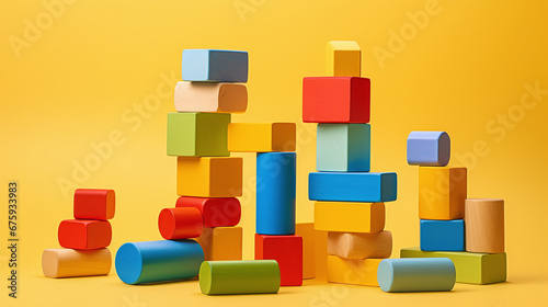 Bunte Holzbausteine, ein fröhliches Kinderspielzeug, das Kreativität und Spaß fördert, Aufbau