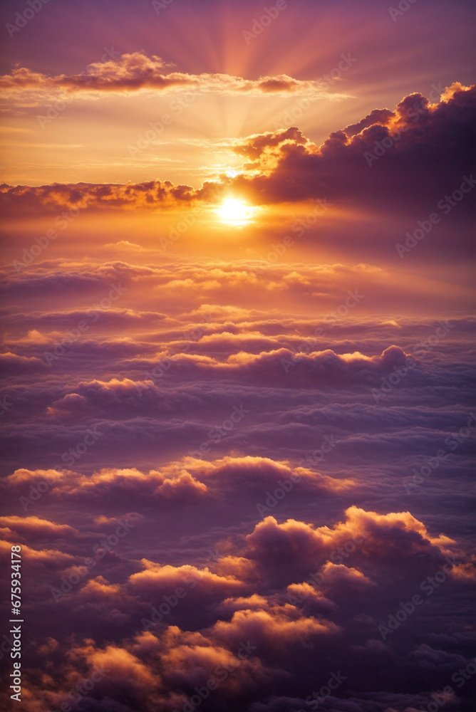Beautiful Aerial Sunset Landscape with Sun and Clouds in Purple-Orange Tones