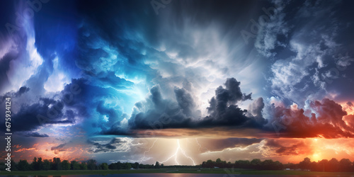 Weather forecast concept. Panoramic view of dramatic sky with gray rainy clouds with lightnings over beautiful summer meadow before storm. Summer rural landscape in rainy weather.