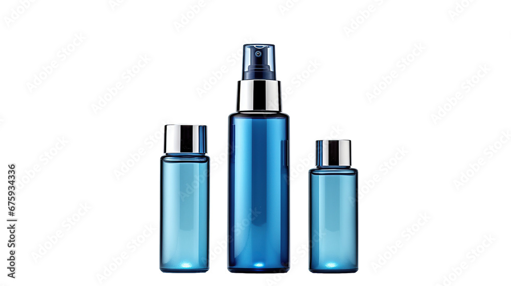 Set blue cosmetic bottles packaging mockup, isolated on transparent background. Set blue cosmetic bottles packaging mockup, isolated on transparent background.