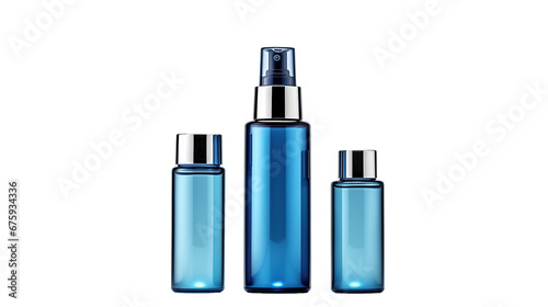 Set blue cosmetic bottles packaging mockup, isolated on transparent background.