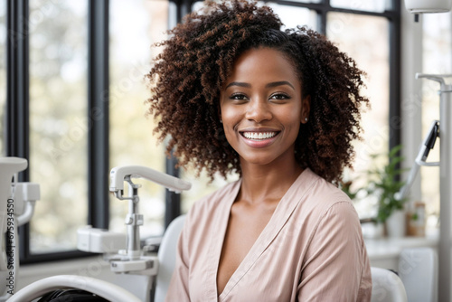 Happy African-American woman with a perfect smile and white teeth in a dental clinic photo