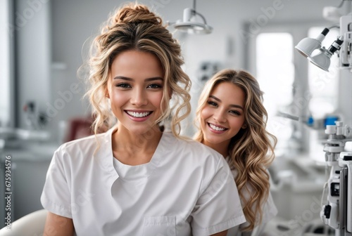 Happy woman with light hair in white attire, with a perfect smile and white teeth in a dental clinic