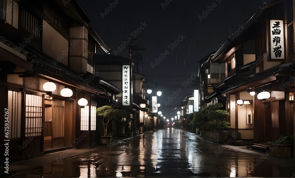 Traditional Town at Night with Rain, Asian, Classic, Retro, Illustration