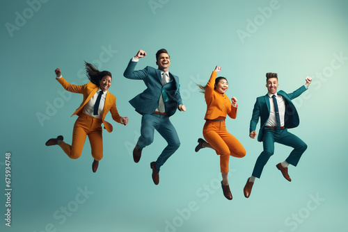 Cheerful diverse business people showing overjoy jumping with raised hands. Different business people jumping on color background. Celebrating success and triumphing victory photo