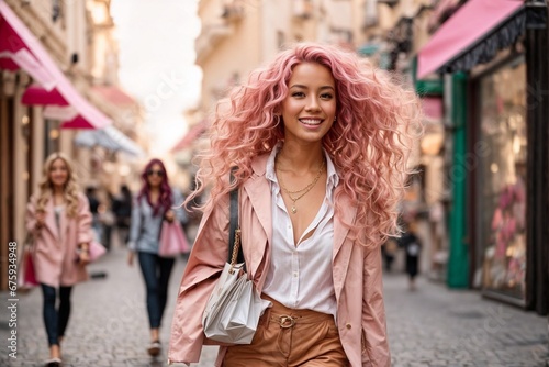 Happy Beautiful Young Woman in Pink Carrying Shopping Bags While Walking Along the Street Amidst Fashion Stores