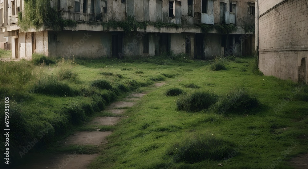 Urban City, Moss, Wild Plants, and Absence of People, Illustration Urban City, Moss, Wild Plants, and Absence of People, Illustration