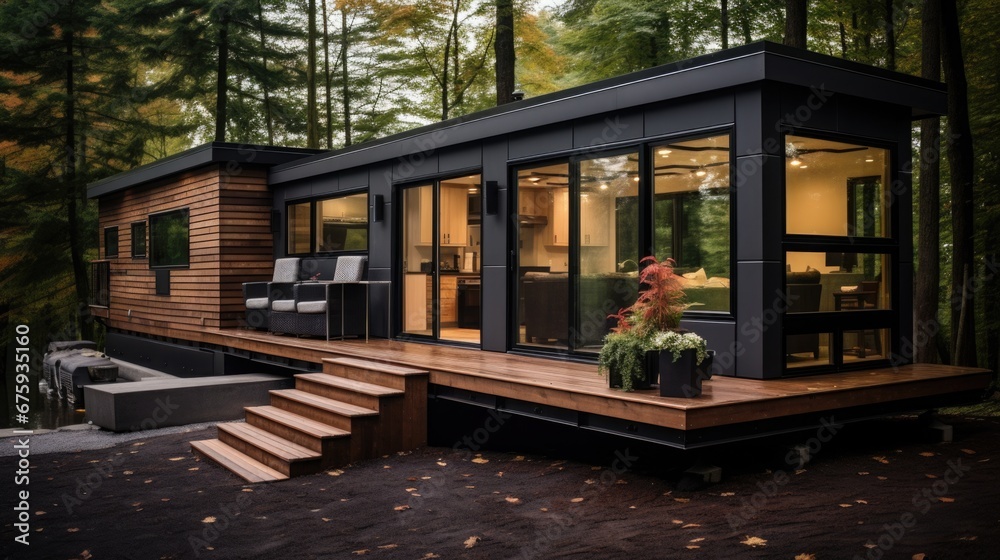 Tiny house living with a compact and modern interior design. Modular residential building made from recycled materials - obrazy, fototapety, plakaty 