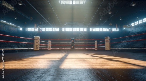Boxing. Empty professional boxing ring in arena. © Oulaphone