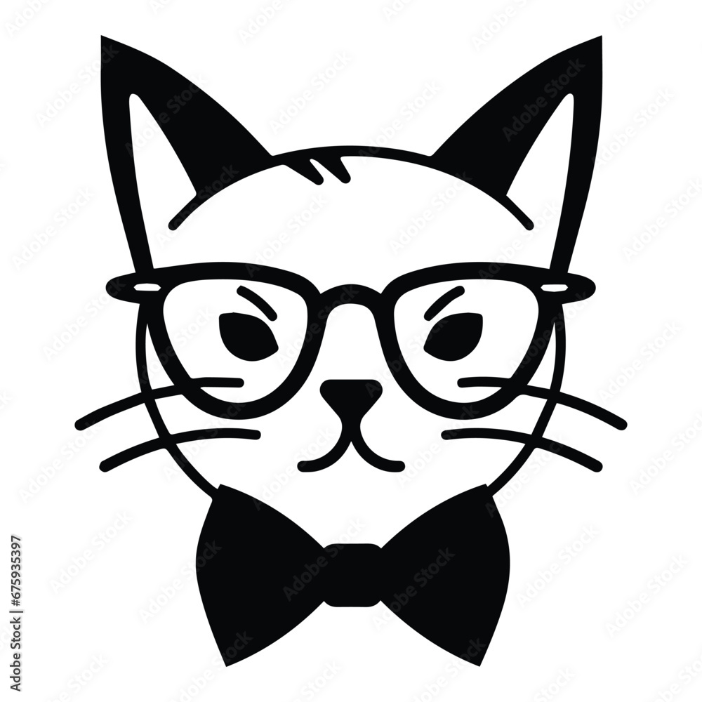 Cat In Bow And Glasses Flat Icon Isolated On White Background