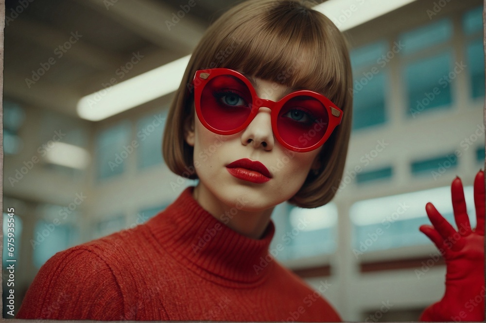 Beautiful stylish young woman with dark brown hair in red sunglasses, wearing red, retro-style portrait