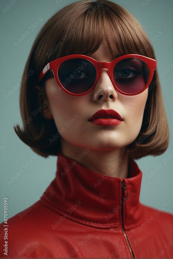Beautiful stylish young woman with dark brown hair in red sunglasses, wearing red, retro-style portrait Beautiful stylish young woman with dark brown hair in red sunglasses, wearing red, retro-style portrait