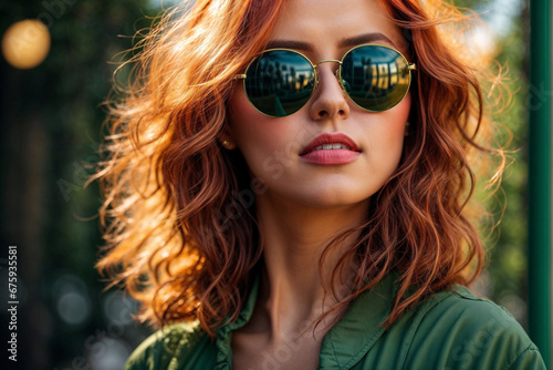Beautiful stylish young woman with red hair in sunglasses in green, portrait