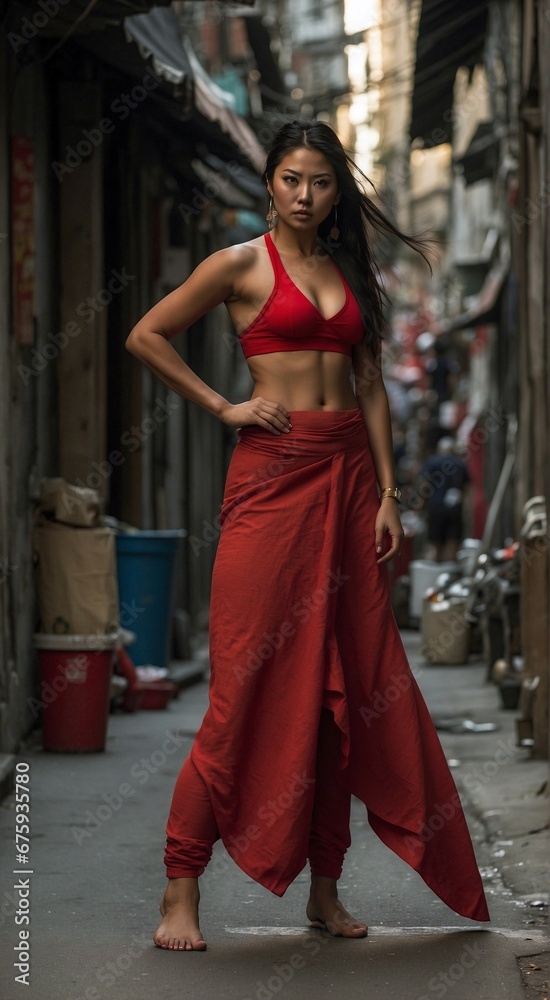 woman in red dress in the street