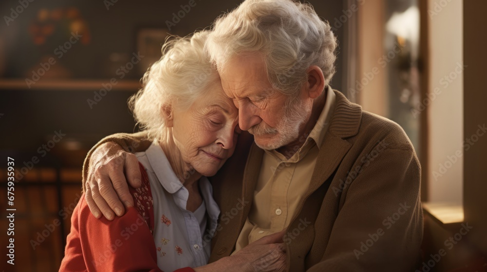 Senior man with sadness embracing hugging wife sick on dementia. Senior man with sadness embracing hugging wife sick on dementia.