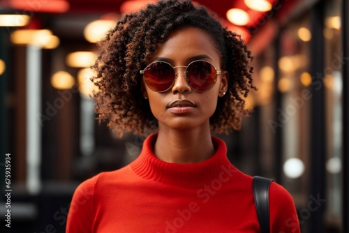 Beautiful stylish young African American woman with dark hair in red sunglasses, portrait