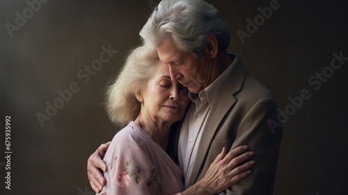 Senior man with sadness embracing hugging wife sick on dementia.