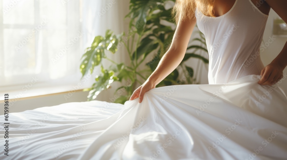 Close up of hands woman putting white fitted sheet over mattress on bed. - obrazy, fototapety, plakaty 