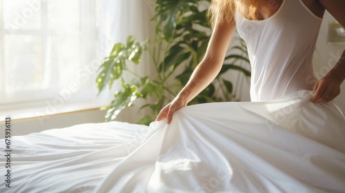 Close up of hands woman putting white fitted sheet over mattress on bed. photo