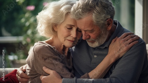 Senior man with sadness embracing hugging wife sick on dementia.