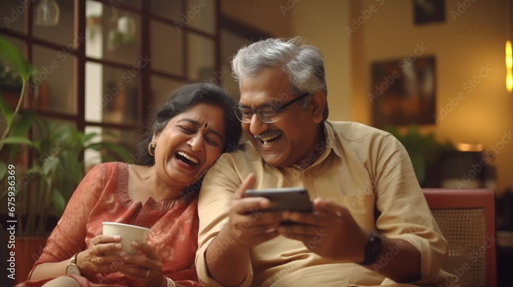 indian senior couple having fun watching media on mobile phone at home