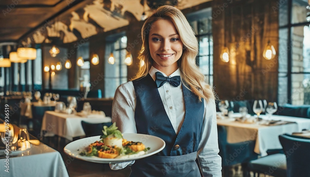 a beautiful young smiling server waitress in restaurant with plates with food on a tray in a expensive luxury restaurant bringing food to a table in her hands