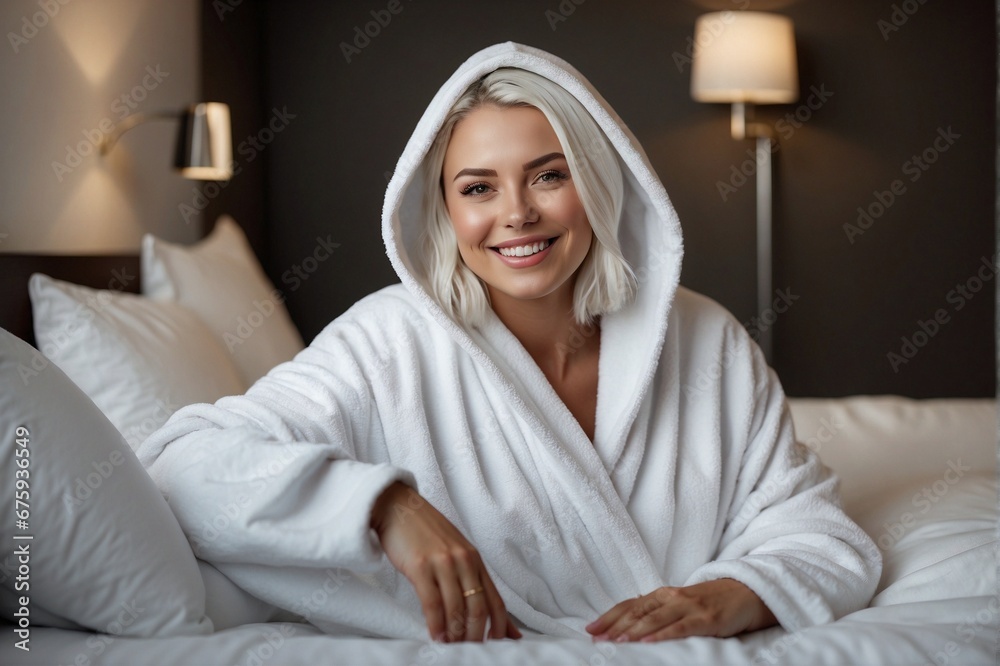 Portrait of a happy woman in a white hooded terrycloth robe in a hotel room - obrazy, fototapety, plakaty 