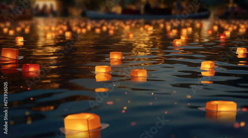 Paper Lanterns Float On Dark Water. Traditional, Background Image, Background For Banner, HD