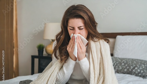 a beautiful sick woman blowing her nose and coughing. ill with cold and angina flu. took day off and sits on bed at home
