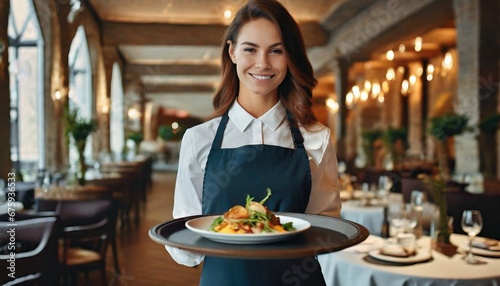 a beautiful young smiling server waitress in restaurant with plates with food on a tray in a expensive luxury restaurant bringing food to a table in her hands photo