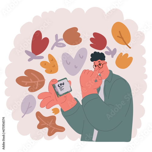 Vector illustration of Smiling business man, holding processor in his hand